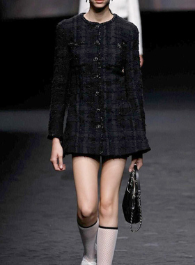 刘雯同款黑色小香风中长款外套女大摆高腰连衣裙显瘦粗花呢上衣