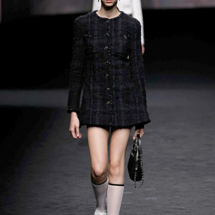 刘雯同款 外套女大摆高腰连衣裙显瘦粗花呢上衣 黑色小香风中长款