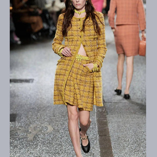 高级手工坊系列黄色格子圆领小香风外套女2025秋冬新款 粗花呢套装