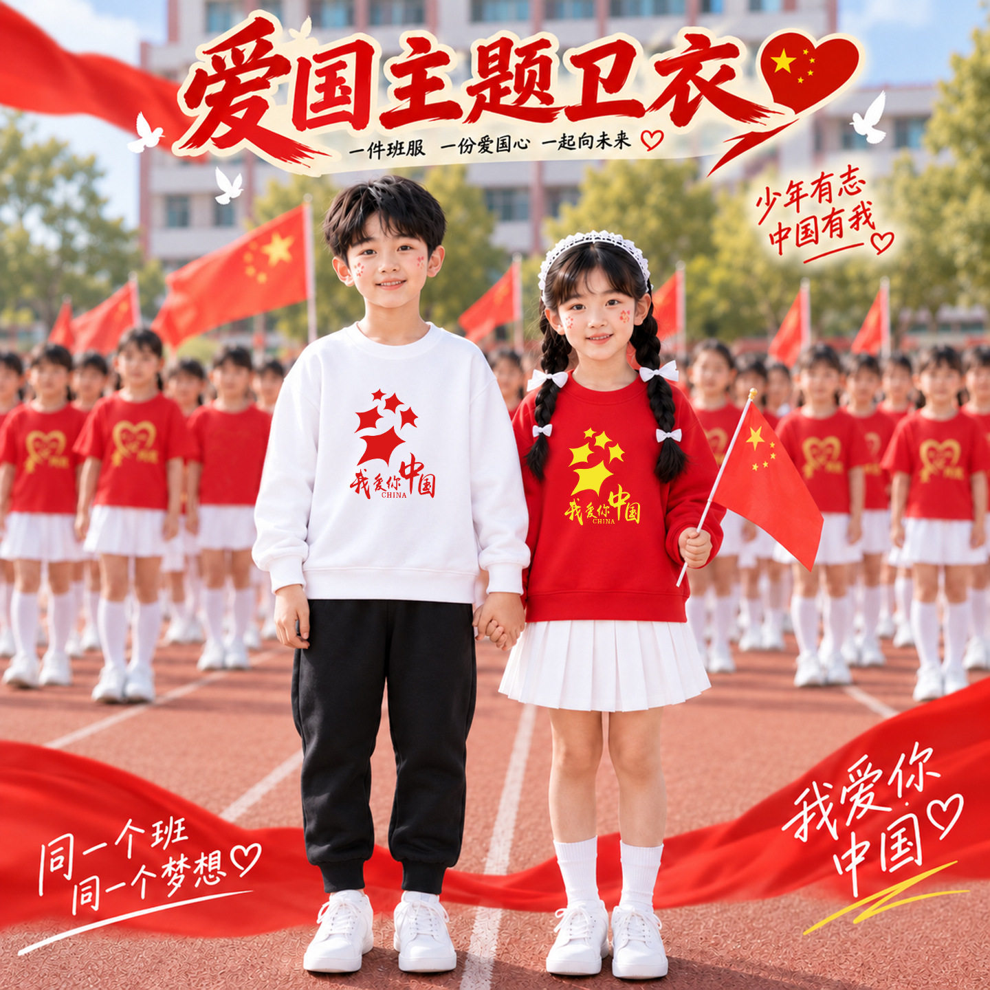 爱国主题白色卫衣黑色裤子小学生运动会班服儿童秋冬款运动装国庆