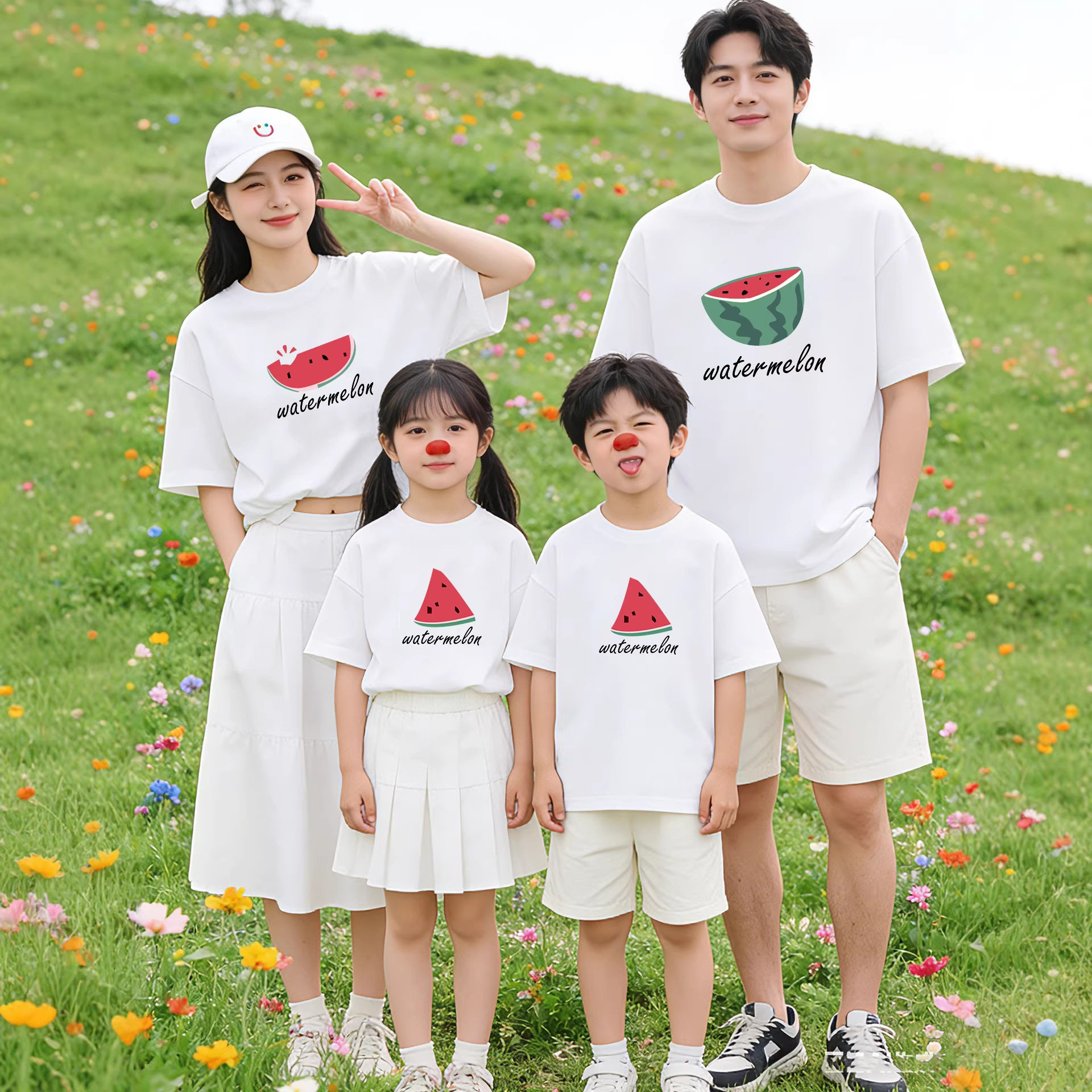 夏日西瓜ins风亲子装一家三口短袖趣味母子母女全家装100%纯棉t恤