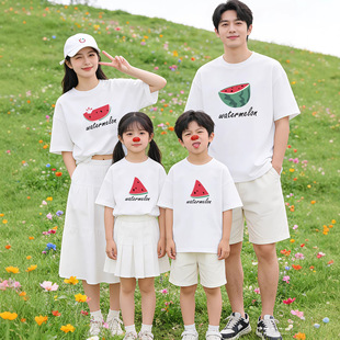 夏日西瓜ins风亲子装一家三口短袖趣味母子母女全家装100%纯棉t恤