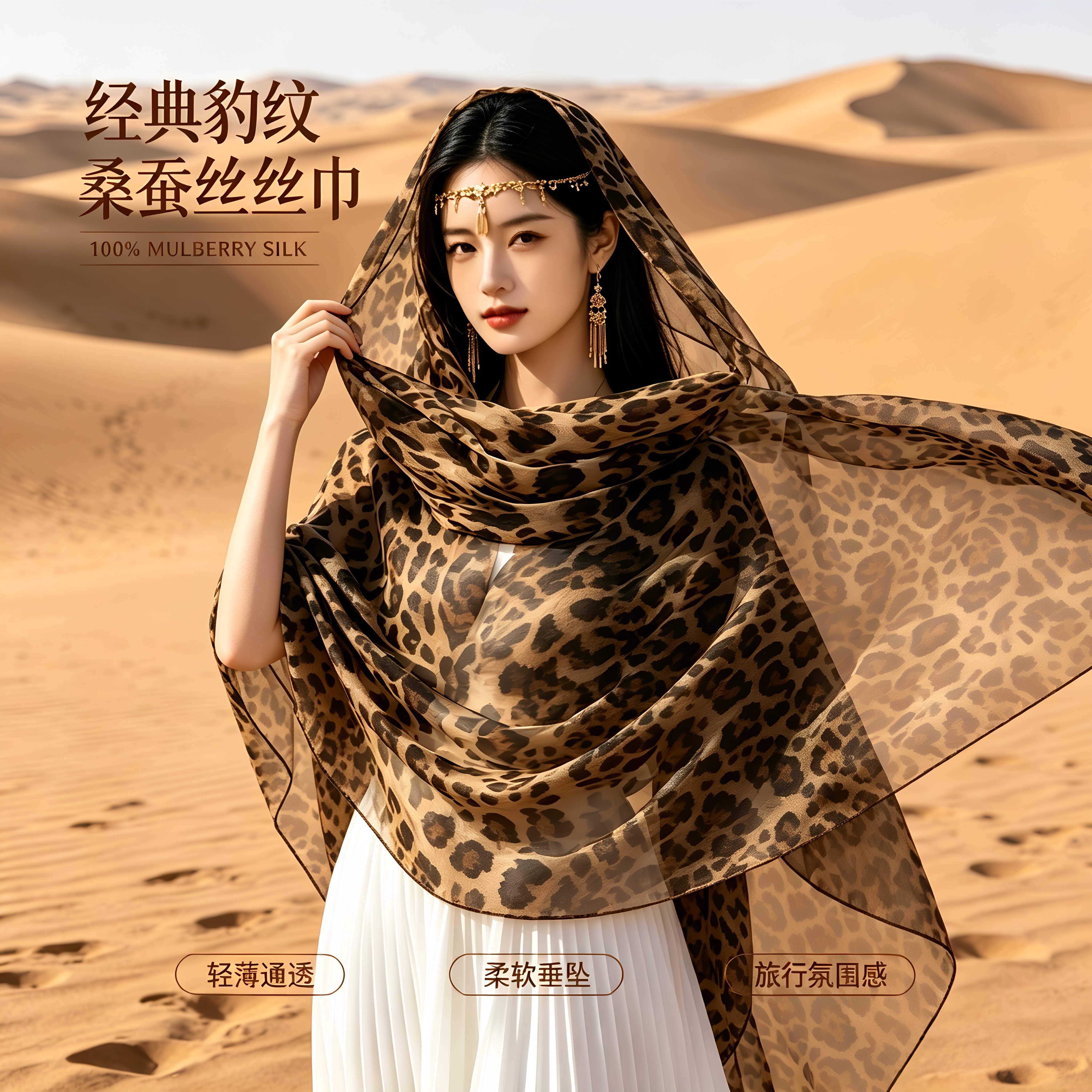 杭州丝绸豹纹桑蚕丝长丝巾女真丝纱巾沙漠旅行防晒披肩百搭围巾