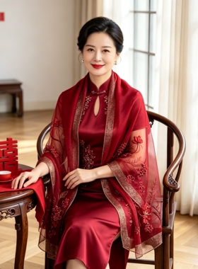 喜婆婆红色披肩婚宴旗袍外搭重工刺绣丝巾妈妈婚礼薄款酒红色围巾