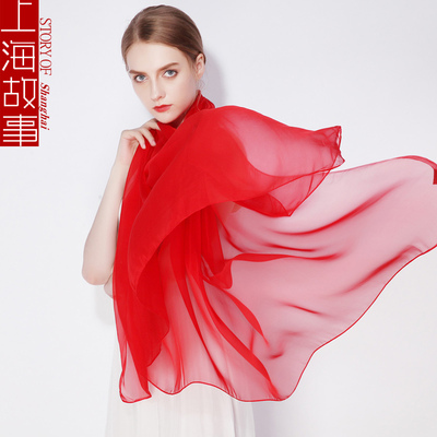 上海故事红色丝巾夏季薄款披肩防晒纱巾女2025新款中国红舞蹈丝巾