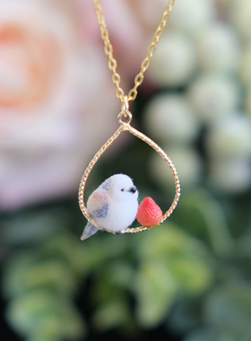 Quinta手作 草莓肥啾925银项链长尾山雀耳环项链温柔可爱小鸟吊坠
