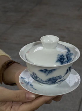 景德镇3008纯手绘高温釉下彩青花人物中式泡功夫茶三才盖碗130ml