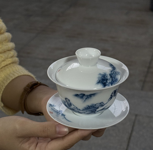 景德镇3008纯手绘高温釉下彩青花人物中式泡功夫茶三才盖碗130ml