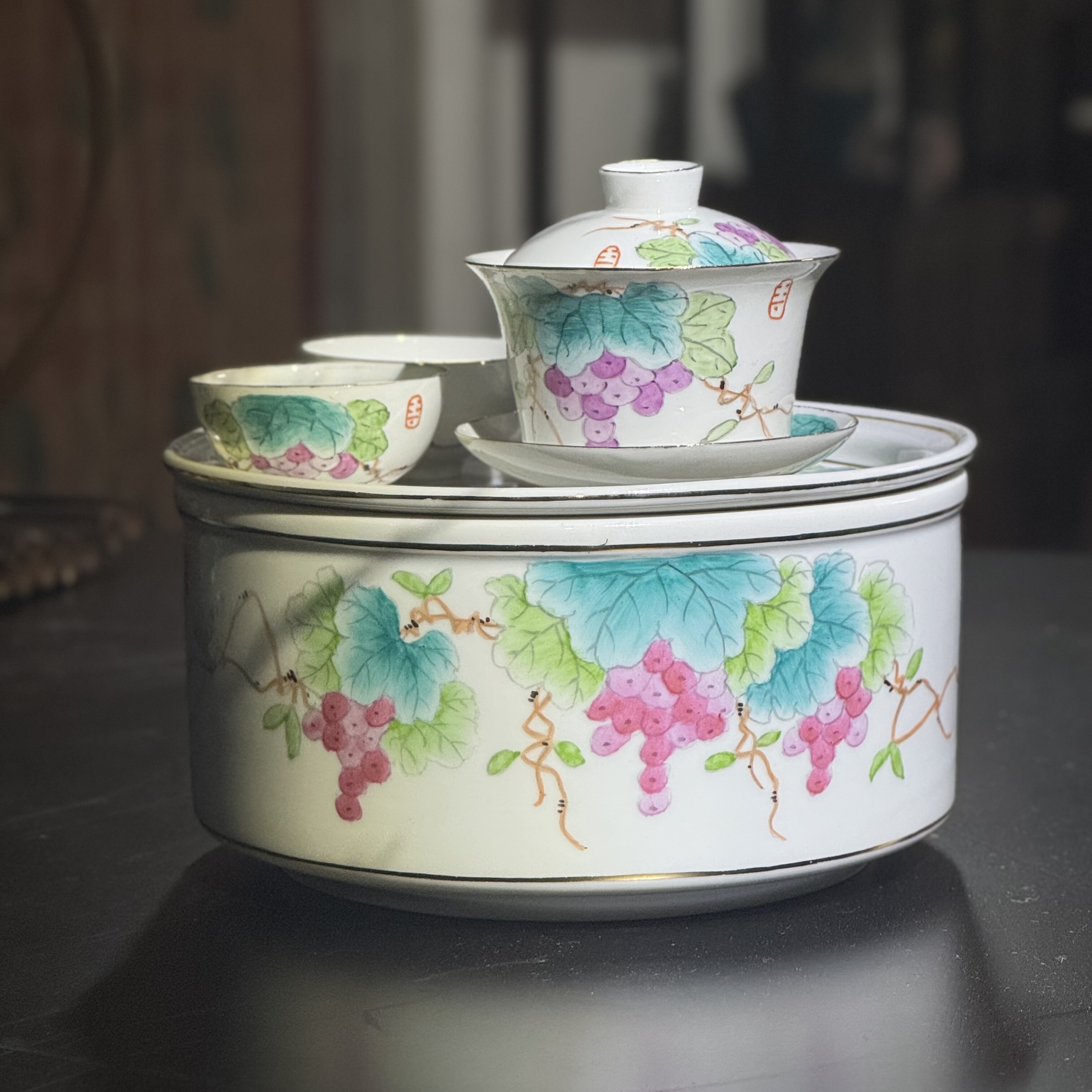 潮州80年代老库存潮汕功夫茶枫溪手绘釉上彩葡萄陶瓷茶船套装茶具