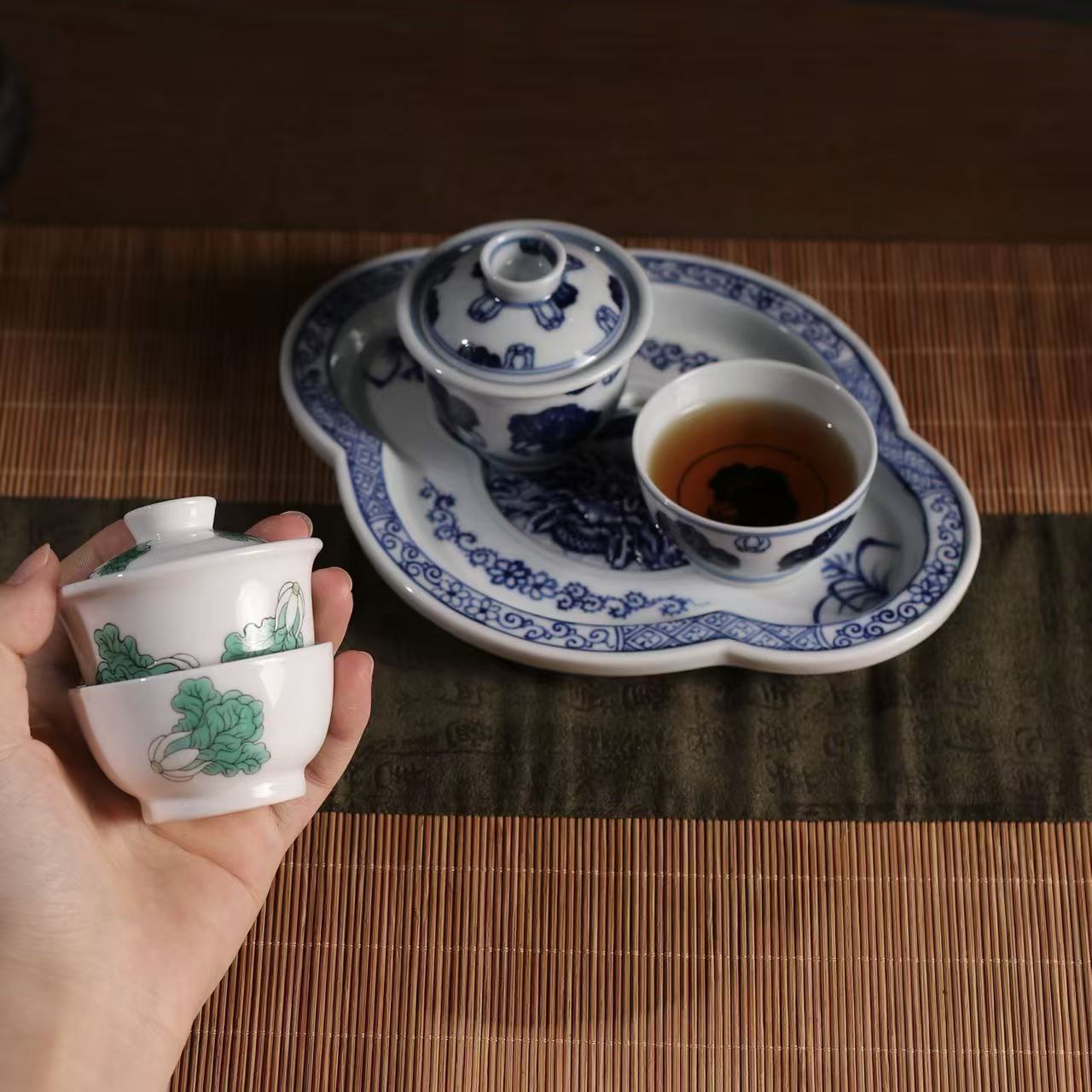 景德镇原装纯手工手绘青花百财白菜迷你便携式盖碗杯子套组茶具套