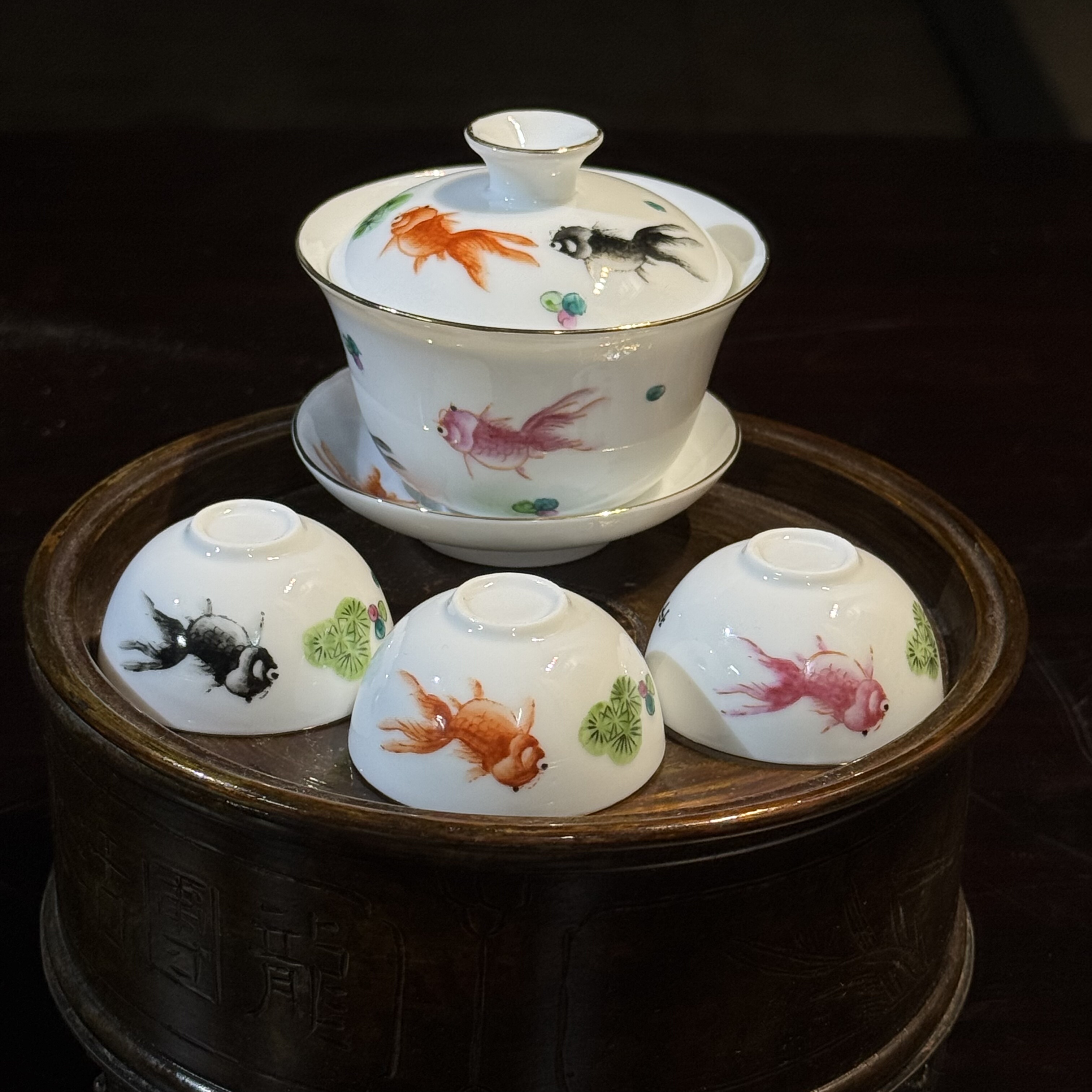 三色鱼功夫茶套装祥兴茶行定制潮州枫溪窑五彩釉上彩早期库存套装