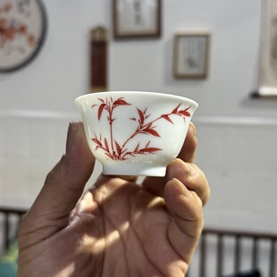 潮汕八十年代高温矾红竹子釉下彩白玉瓷若深珍藏枫溪窑功夫茶杯