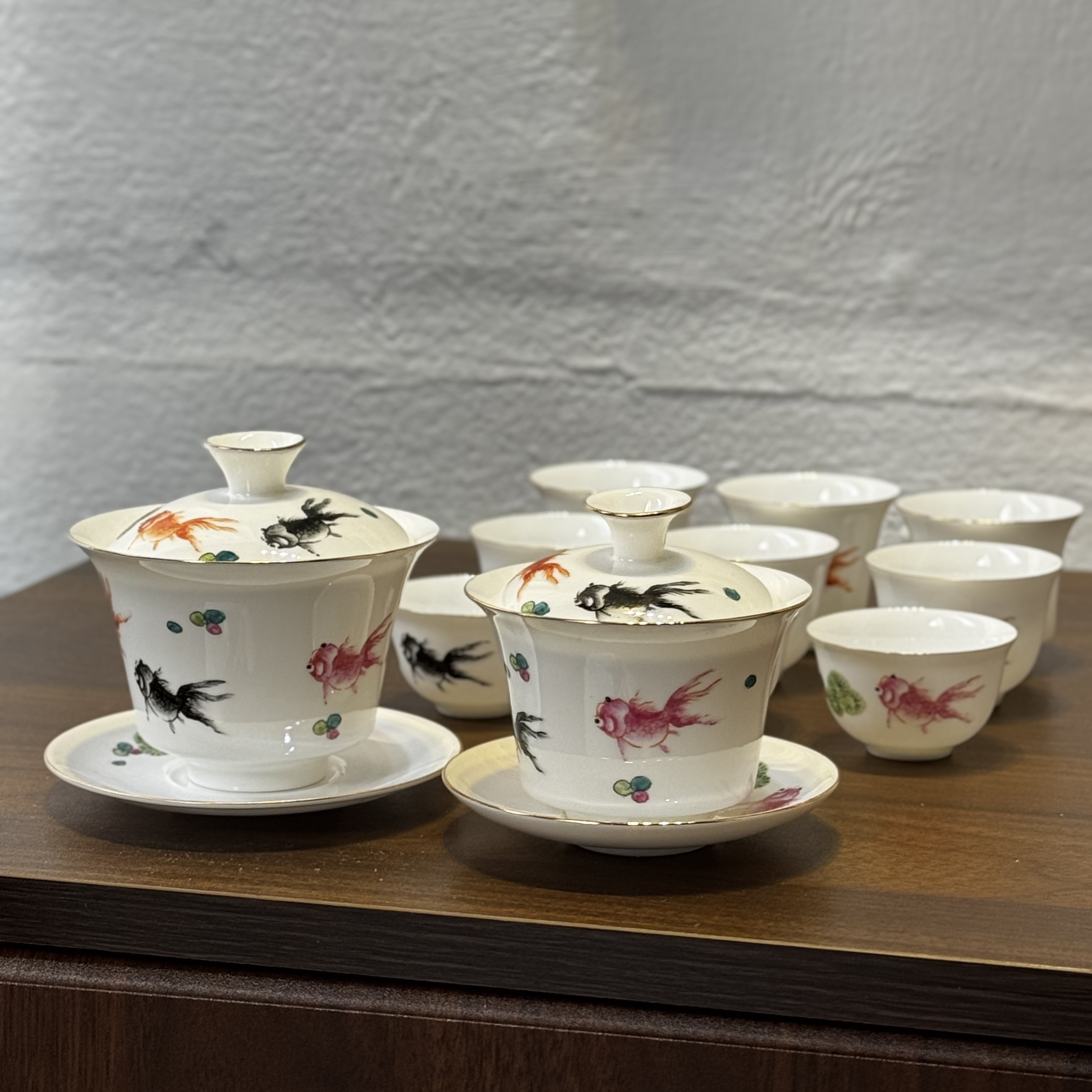 90年代末香港茶行定制老手绘金鱼蛋壳杯盖碗潮汕功夫茶具手绘