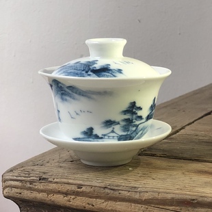 纯手绘青花远山黛象牙白瓷潮汕八十年代库存潮州枫溪手工青花盖碗