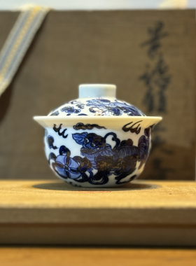 双狮戏绣球景德镇纯手工手拉胚手绘原矿青花若深珍藏功夫茶备盖碗