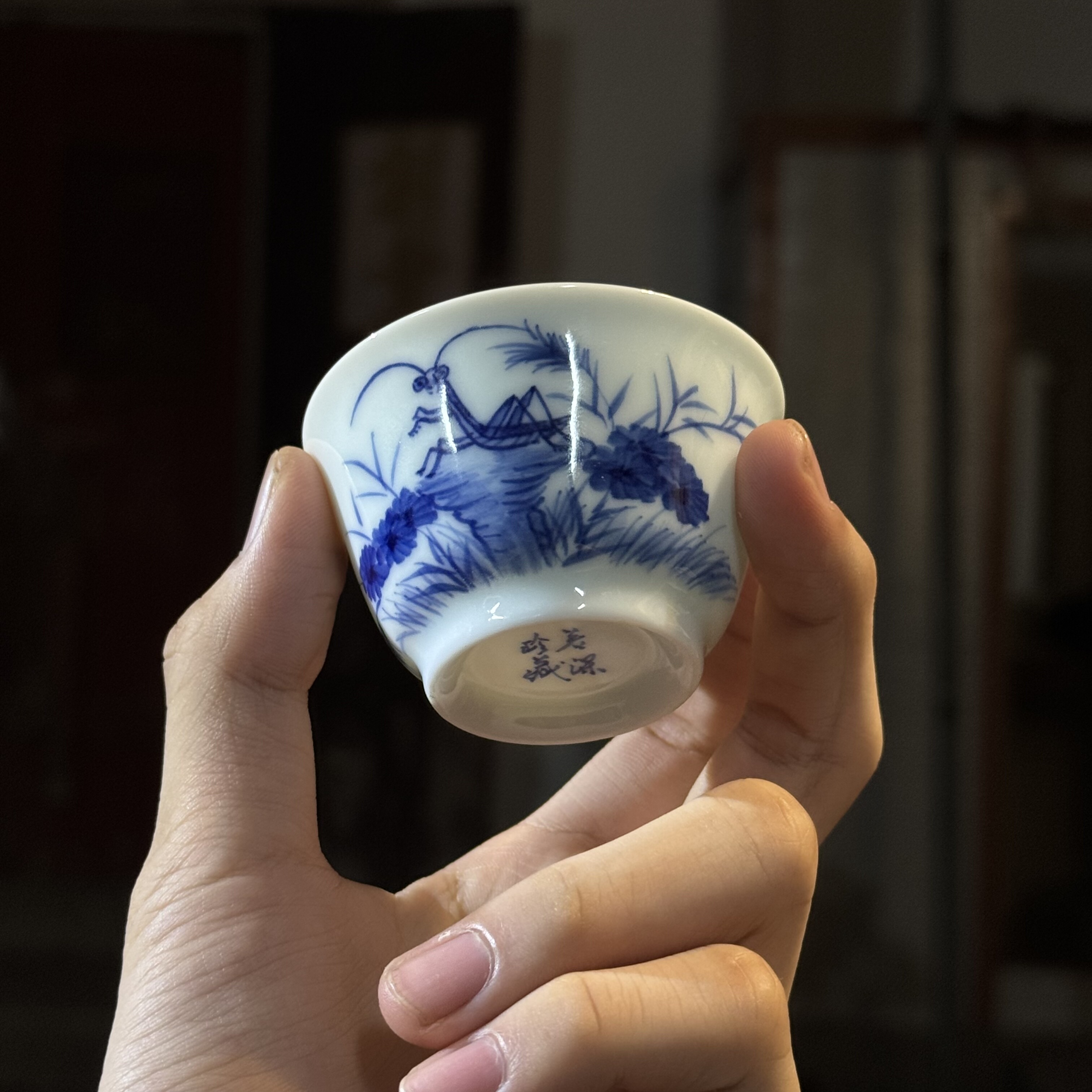 若深珍藏手绘螳螂慕古青花瓷柴窑苏麻离青主人杯客杯潮汕功夫茶杯
