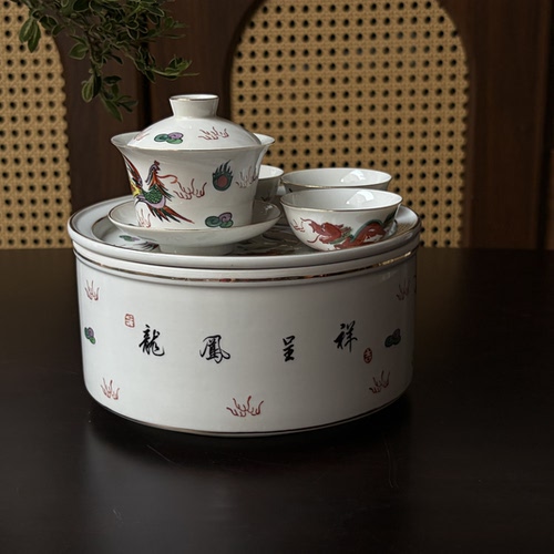 龙凤呈祥1984年老货库存未使用潮州府枫溪龙窑纯手绘作品功夫茶套