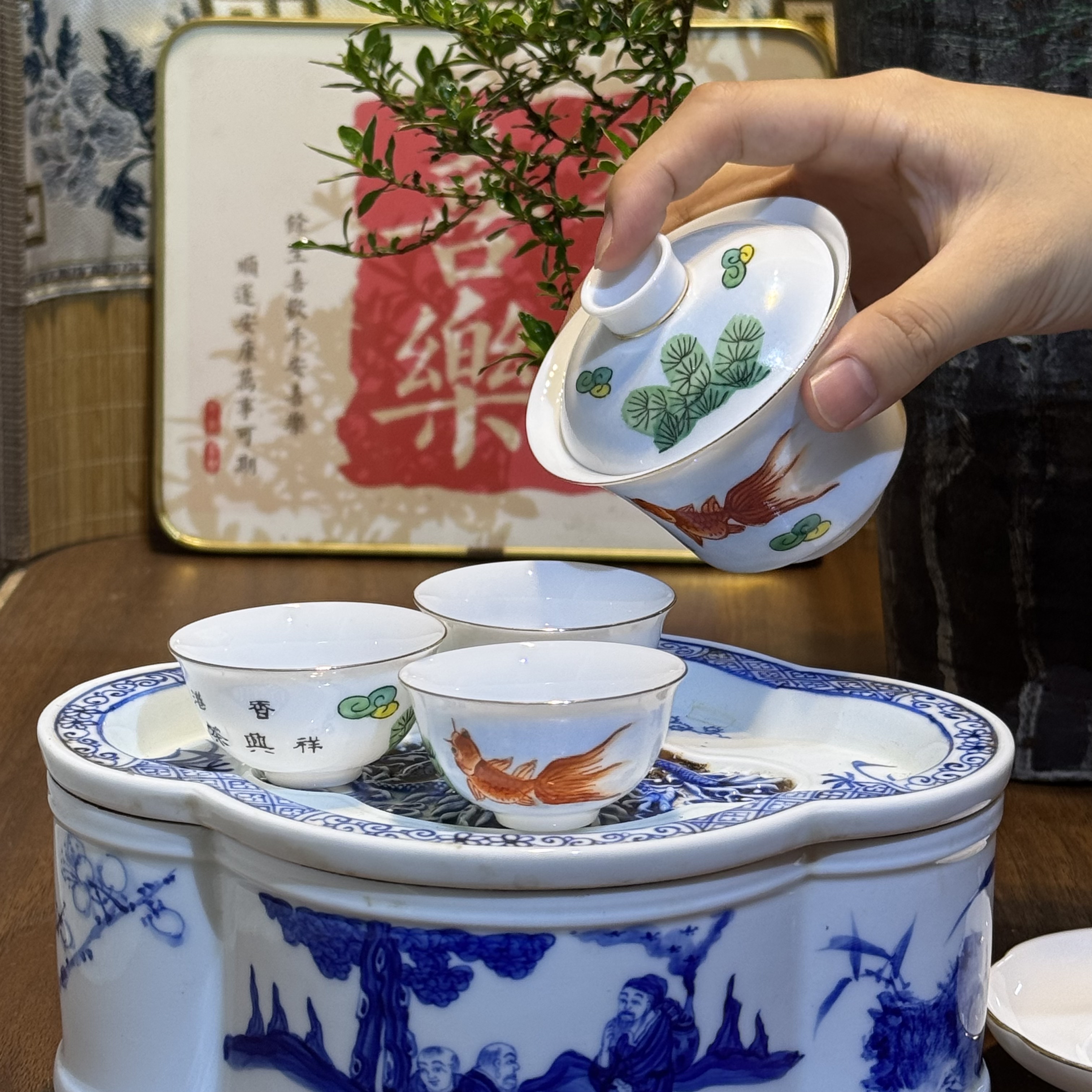 香港80年代祥兴茶行定制金鱼盖碗蛋壳杯纯手绘柴窑柴烧茶器具套装