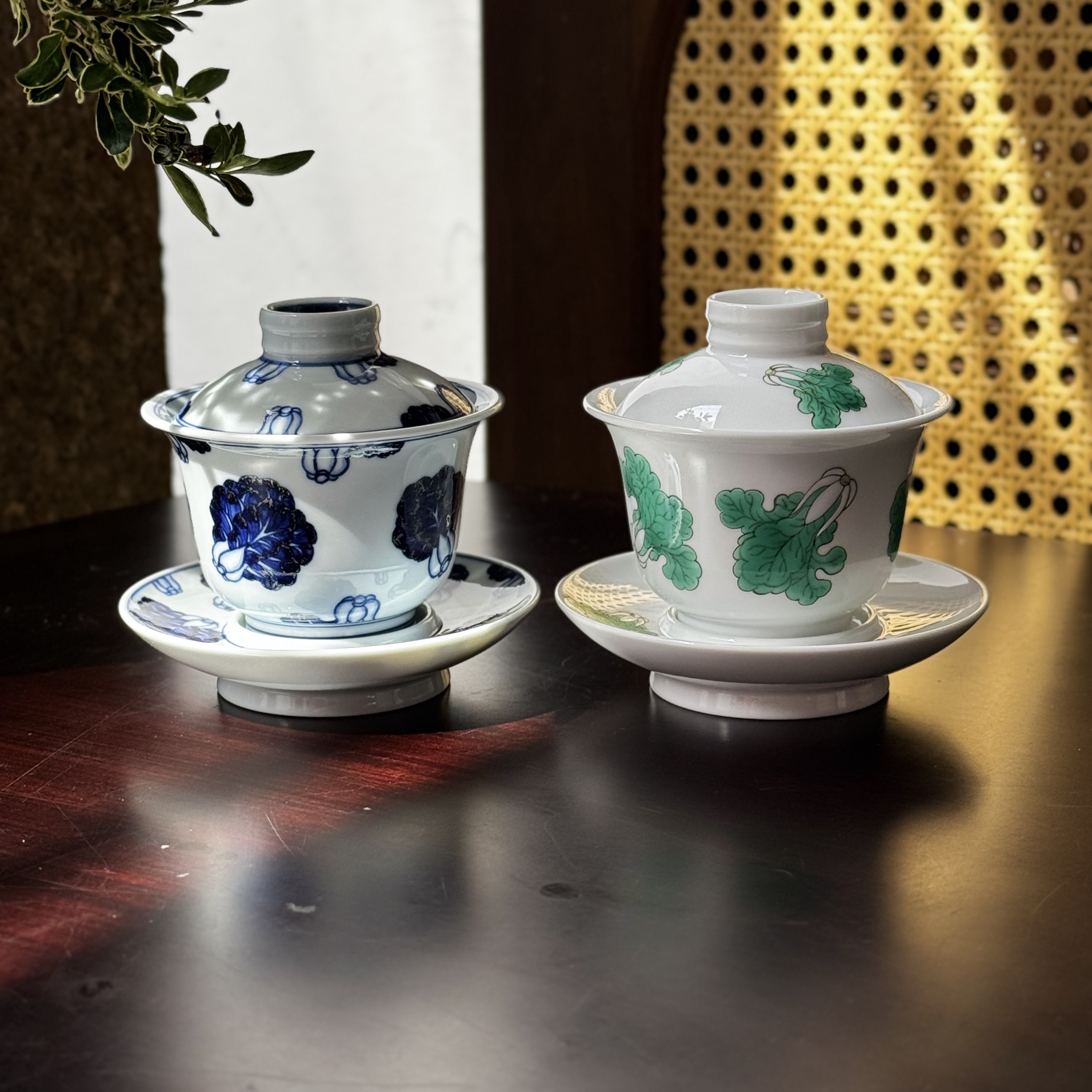 景德镇百财高端茶器青花翡翠玉白菜寶玩玉記纯手工纯手绘三才盖碗
