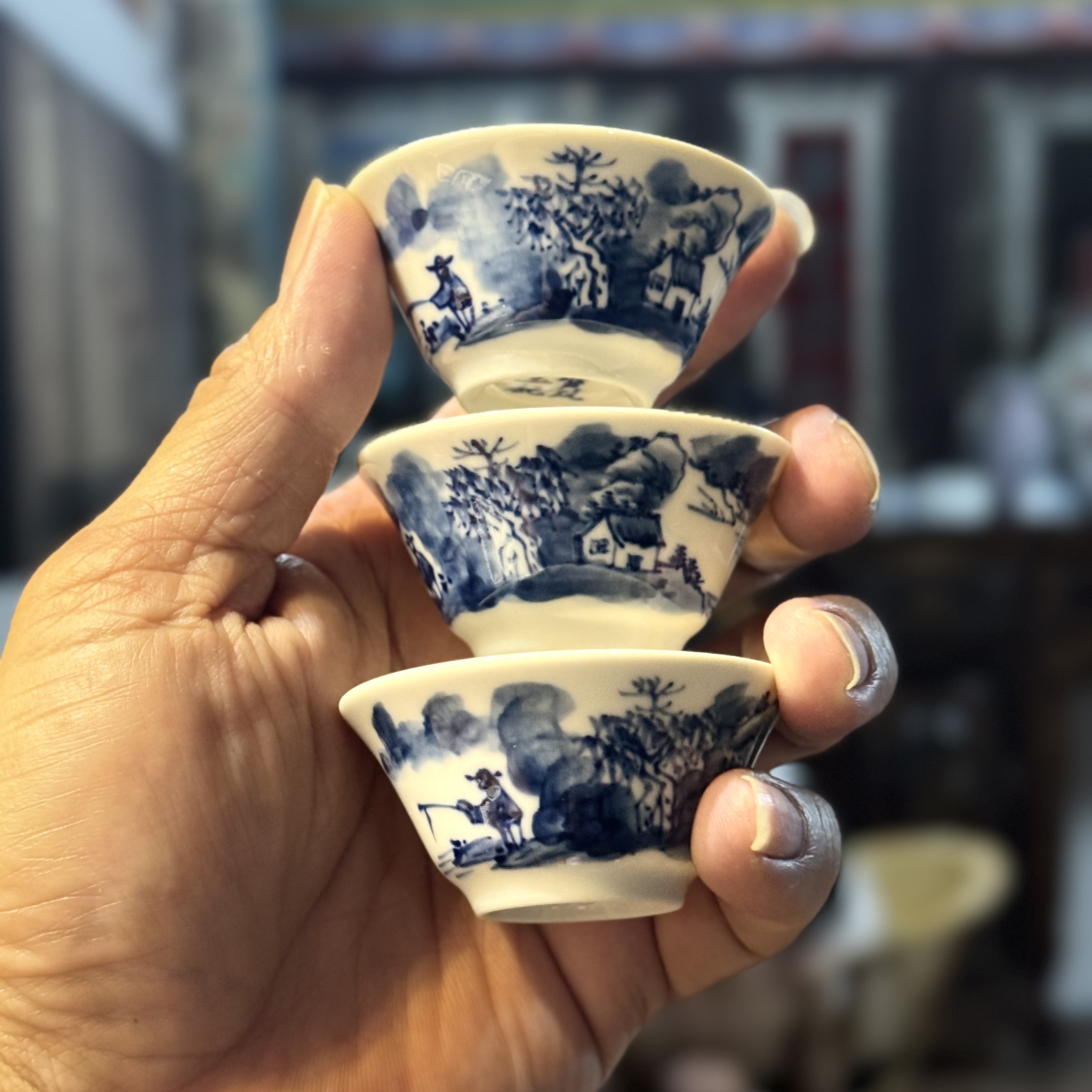 70年代潮州窑百年老品牌寶玩玉記纯手绘釉下彩功夫茶杯潮汕斗笠杯
