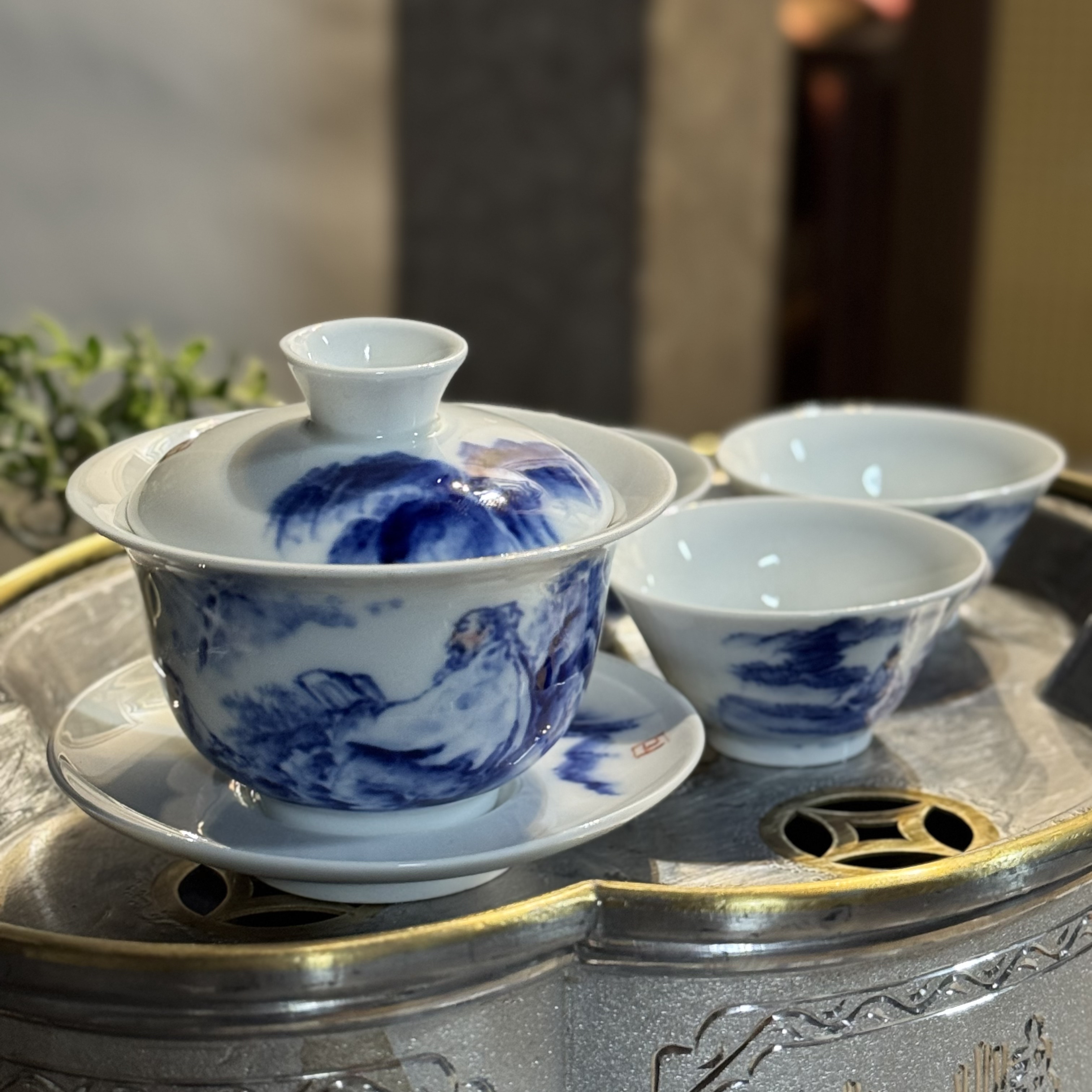 纯手绘盖碗茶杯套装三才工夫手绘陶瓷青花釉下彩人物茶具高温茶碗