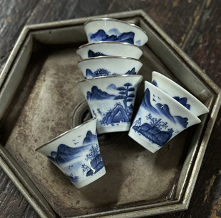 潮州工夫茶纯手工手绘苏麻离青若深珍藏稀缺青花马蹄杯功夫茶杯子