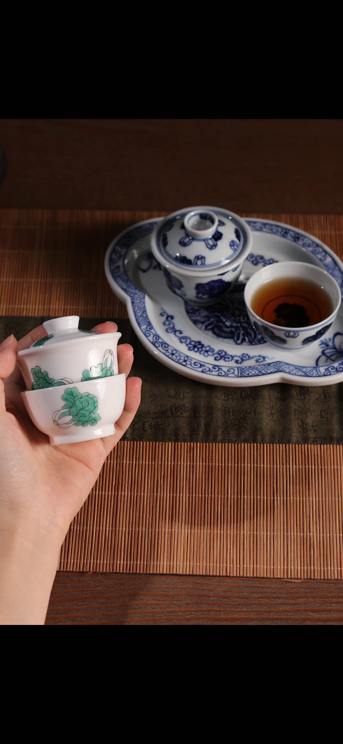 景德镇原装纯手工手绘青花百财白菜迷你便携式盖碗杯子套组茶具套
