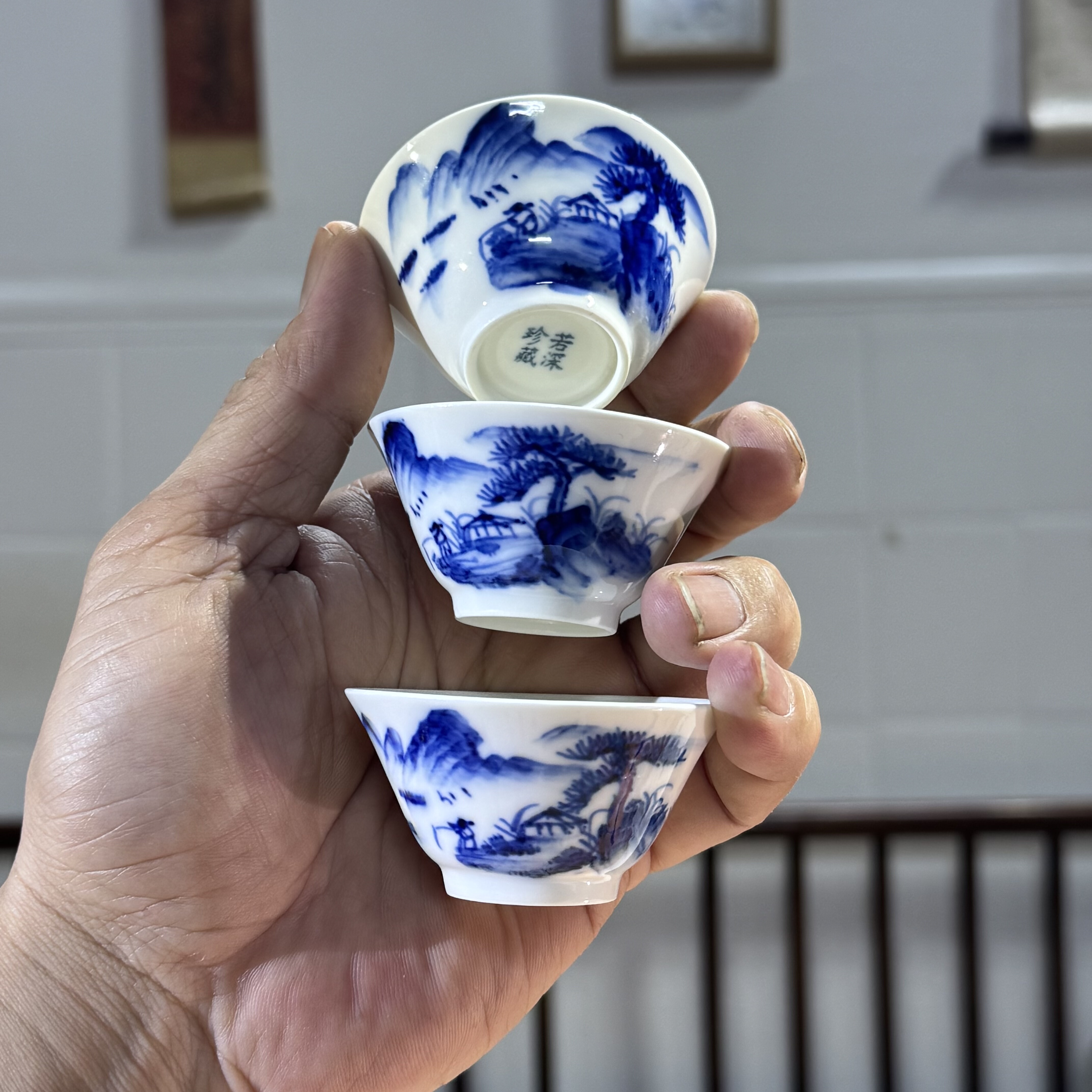 若深珍藏撇口杯客杯手绘青花松风潮州工夫茶杯圈足釉下彩功夫茶杯