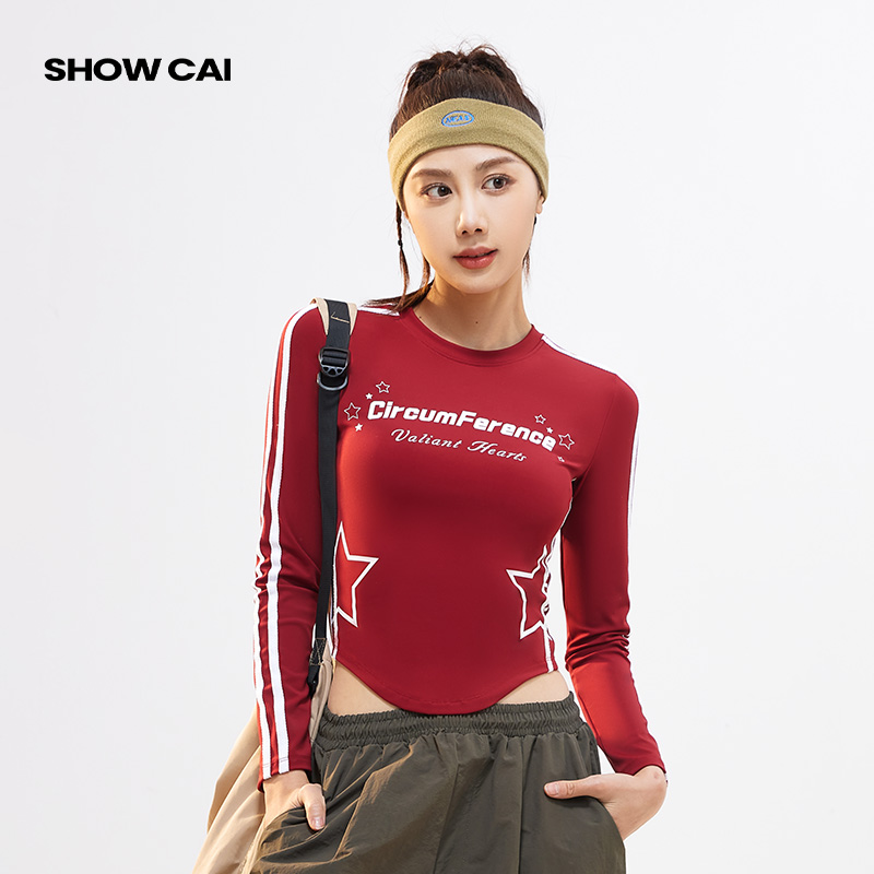 Showcai字母印花长袖显瘦时尚瑜伽服紧身上衣跑步训练速干健身服