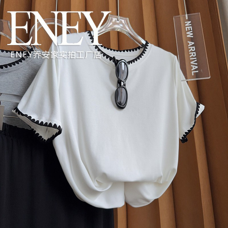 ENEY别致设计感棉线花边T恤时尚舒适百搭正肩短袖舒适弹力打底衫,女装/女士精品,T恤,淘宝优惠券,粉丝福利购,淘宝优惠卷