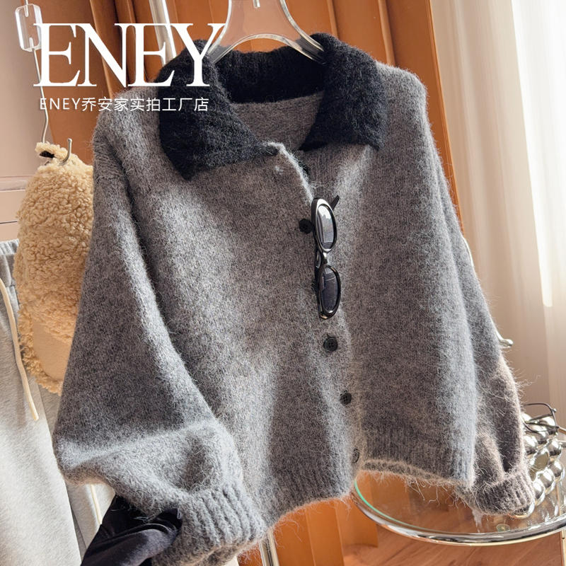 法式温柔小香风翻领毛衣撞色