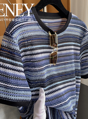 海蓝色系~夏装显瘦韩版条纹撞色镂空圆领短袖T恤女宽松舒适通勤T