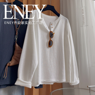 麻感雪花宽松初秋打底衫 V领T恤女白色显瘦遮肉上衣 日杂风长袖