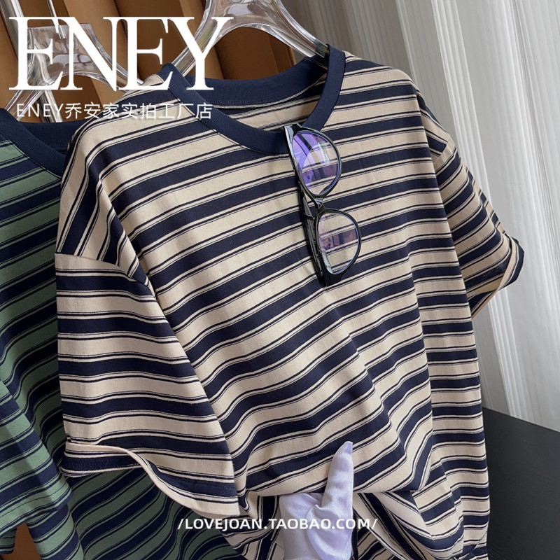 复古条纹短袖T恤女2024年夏季新款宽松大码遮肉慵懒风百搭上衣,女装/女士精品,T恤,淘宝优惠券,粉丝福利购,淘宝优惠卷