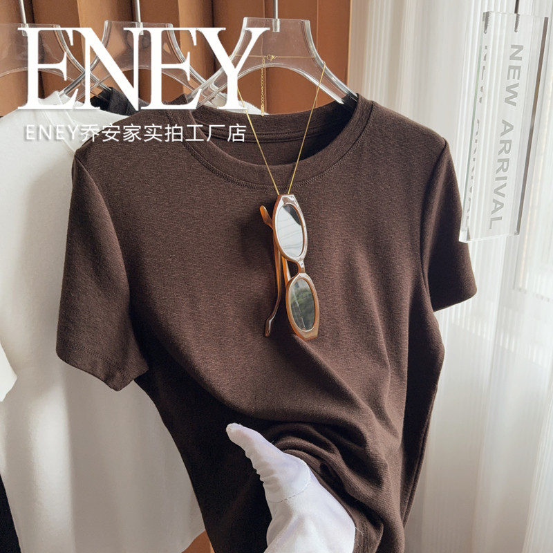 老钱风素色肌理纹路T恤潮~ENEY竹节棉光板圆领T恤女修身显瘦上衣
