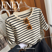 上衣欧货百搭显瘦休闲女 T恤宽松打底衫 实体店高货 磨毛条纹短袖