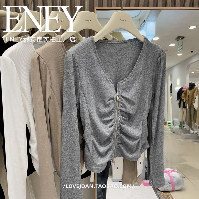 欧货收腰爆款修身褶皱拉链设计感