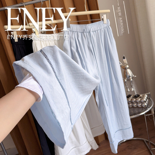 子 女松紧腰口袋休闲空气裤 小众宽松棉质透气九分裤 夏镂空阔腿裤