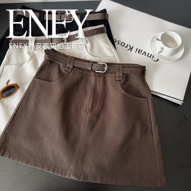 掐腰！美式A字高腰短裙ENEY秋季上新皮带显瘦半身裙气质百搭咖色,女装/女士精品,半身裙,淘宝优惠券,粉丝福利购,淘宝优惠卷
