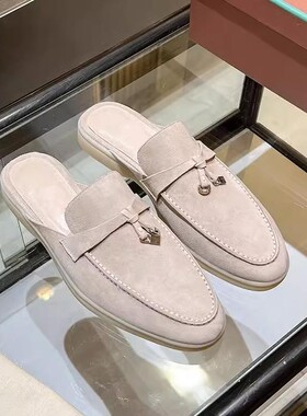 春夏懒人休闲羊皮 包头半拖鞋女真皮英伦风平底穆勒鞋凉lp鞋