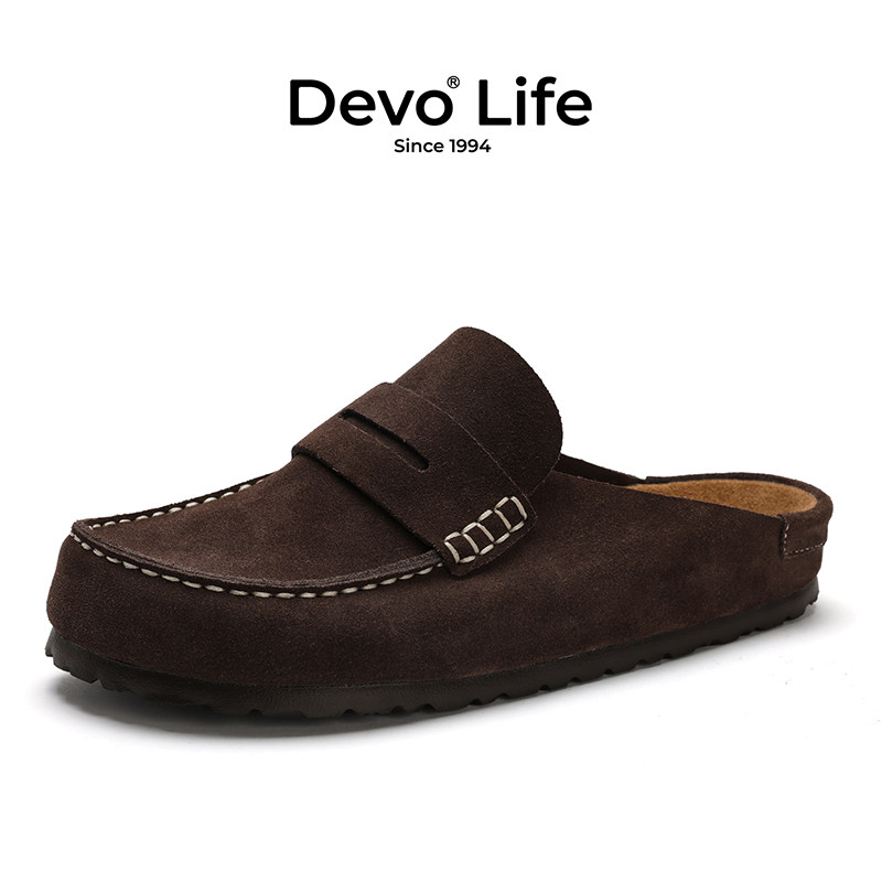 Devo/的沃软木拖鞋女春夏季真皮半拖鞋女包头拖鞋懒人鞋25045M