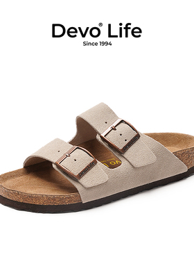 Devo/的沃软木鞋男女同款一字休闲学生时尚舒适复古情侣凉拖2618