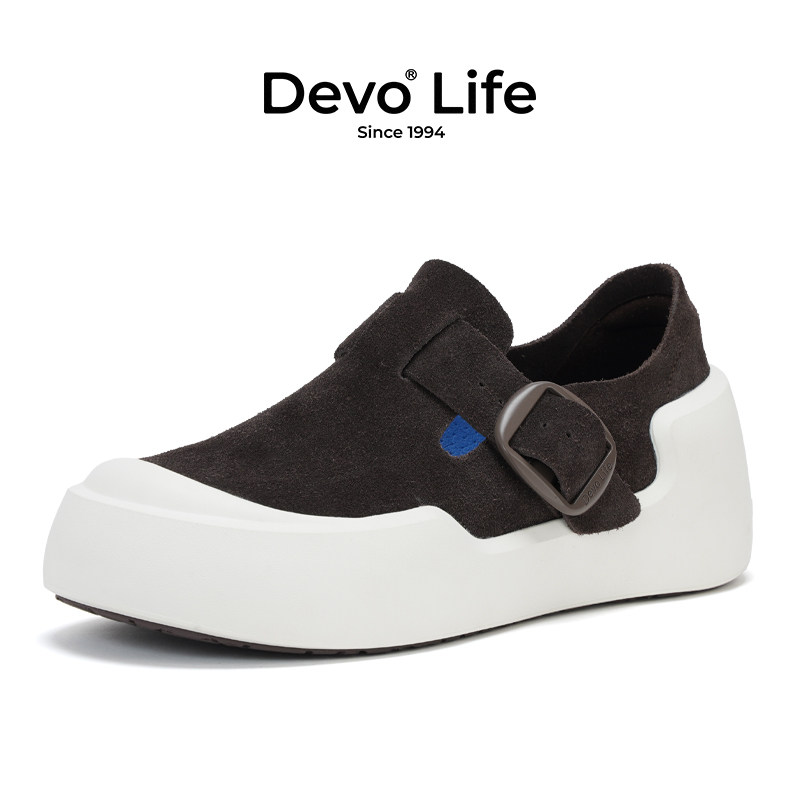 Devo/的沃真皮博肯鞋反绒皮软木鞋全包厚底女士休闲24090
