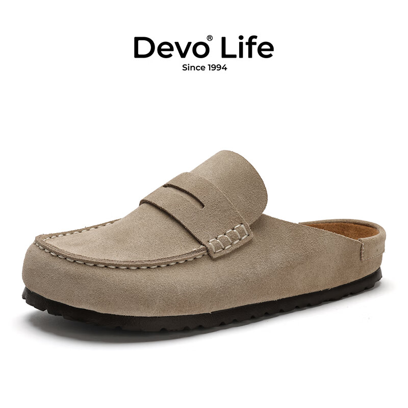 Devo/的沃软木拖鞋女春夏季真皮半拖鞋女包头拖鞋懒人鞋25045W图片