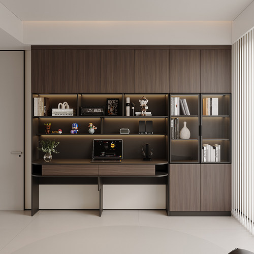 中古风双人大容量书柜书桌一体柜