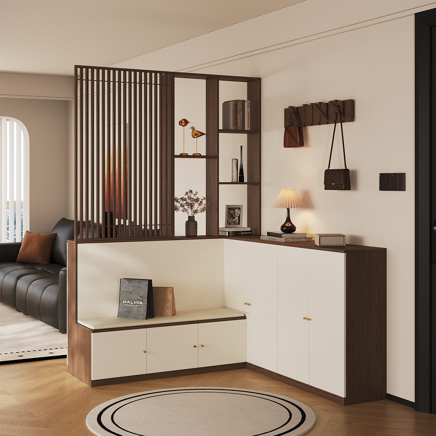 暧逸中古风转角格栅多功能鞋柜