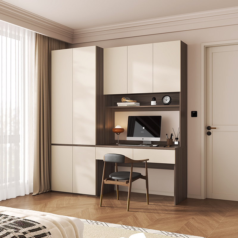 暧逸奶油风学习桌衣柜一体组合柜