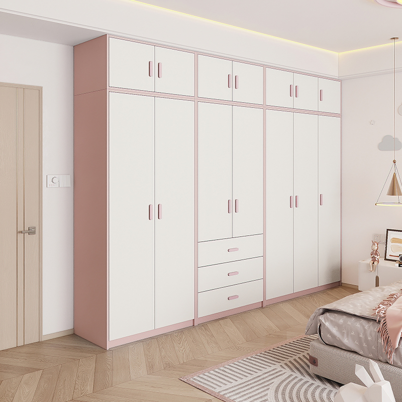 儿童房衣柜卧室家用女孩粉色整墙到顶实木衣橱收纳柜子平开门定制