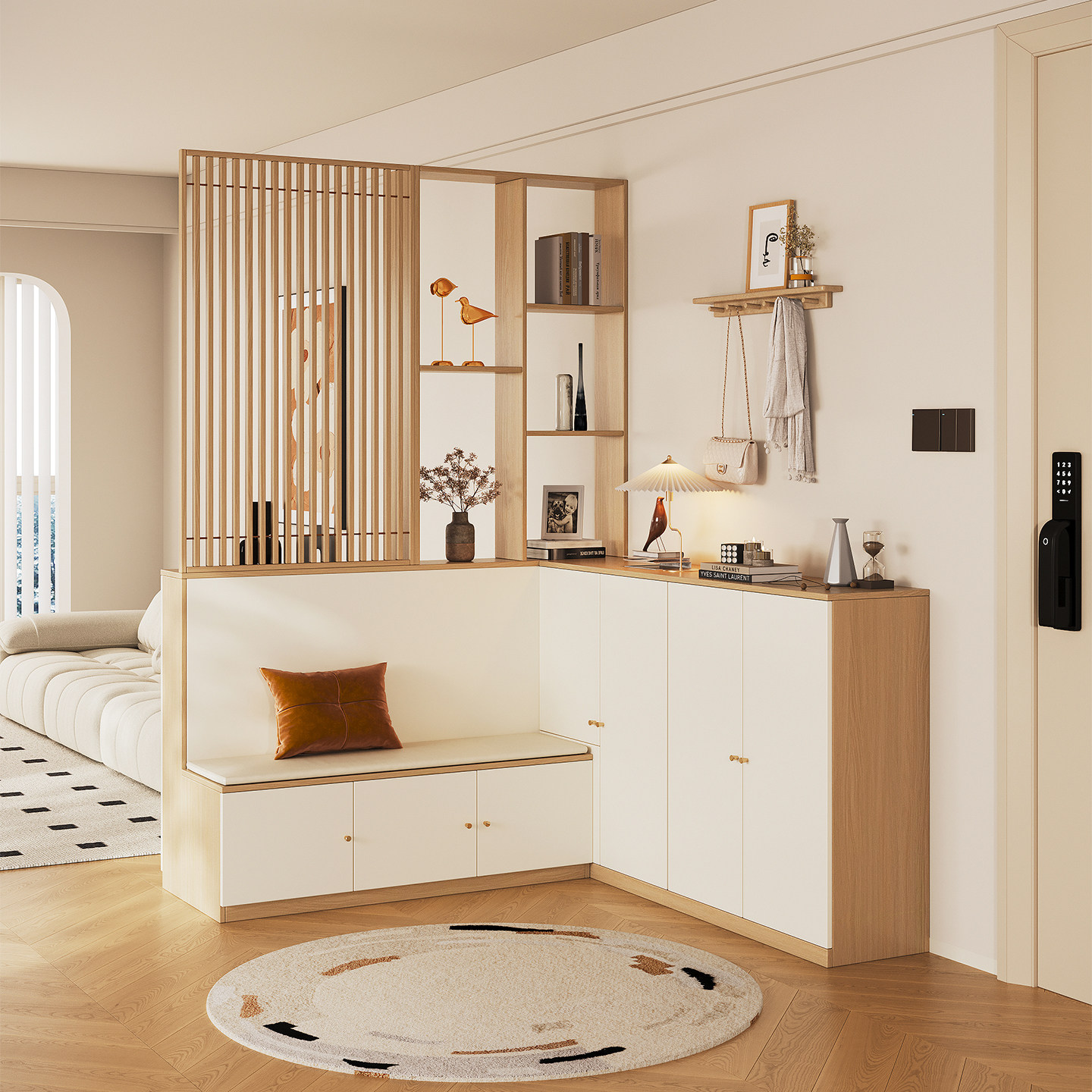 日式原木风门厅转角玄关柜鞋柜格栅坐凳一体双面边柜定制隔断柜