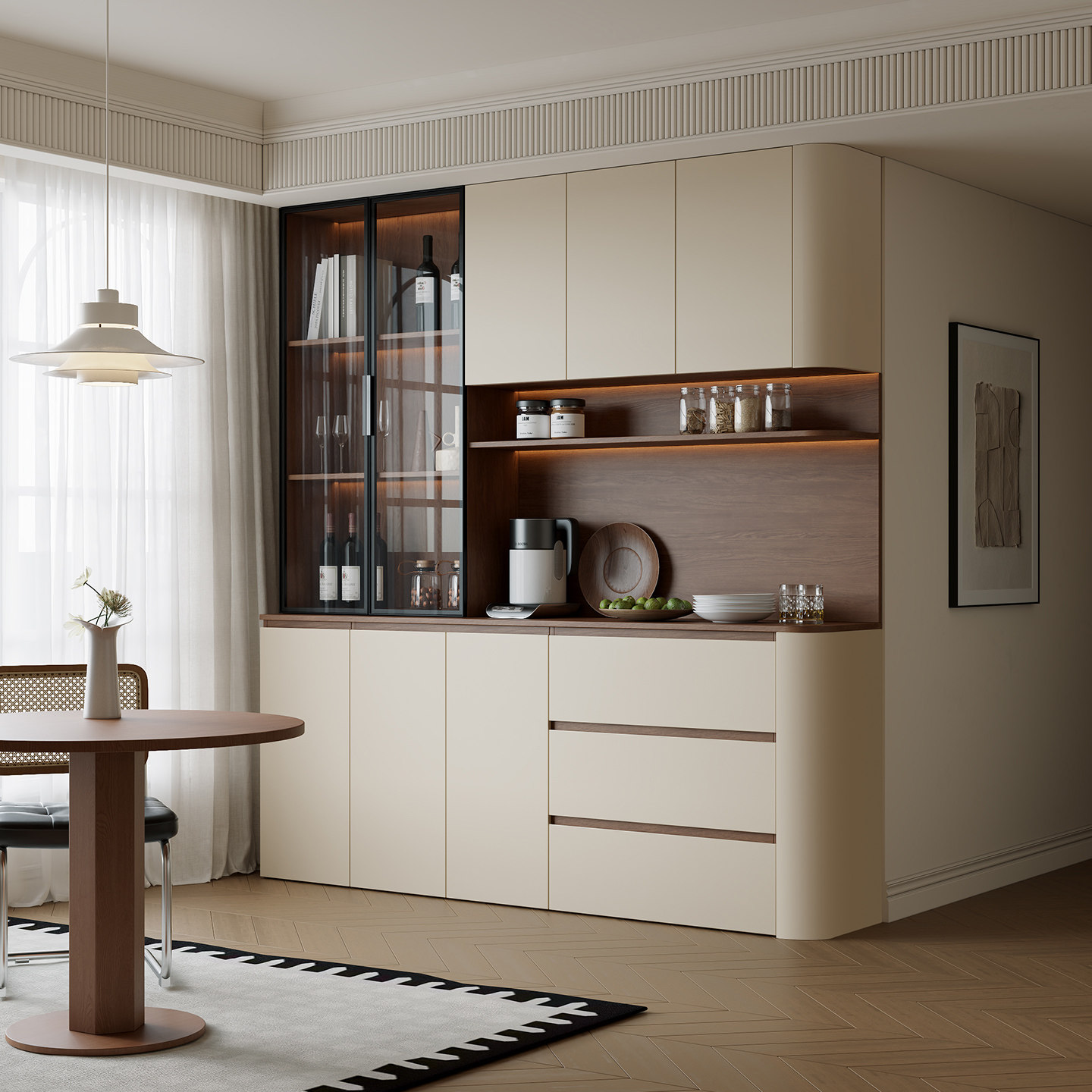 中古奶油风圆弧餐边柜高柜餐厅家用一体靠墙茶水柜玻璃门定制酒柜,住宅家具,餐边柜,淘宝优惠券,粉丝福利购,淘宝优惠卷